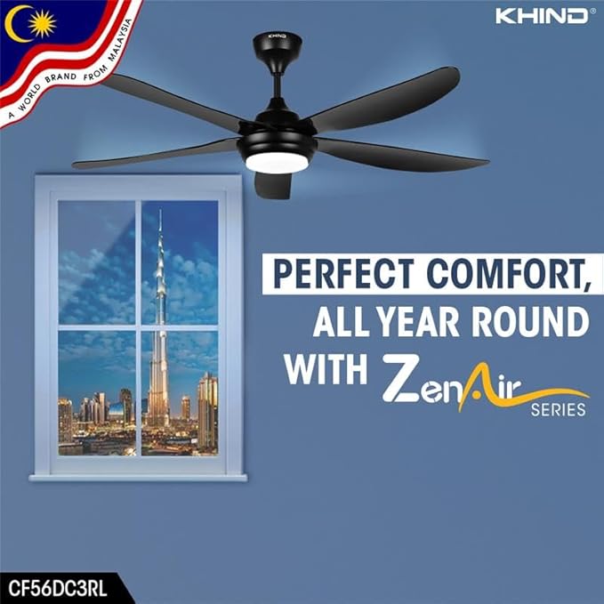 KHIND Zen Air Ceiling Fan 56 Inch Ceiling Fan with Remote Control, Quiet BLDC Motor, Modern 5 ABS Blades, 6 Forward & Reverse Speed Settings, High Airflow, 38W Power,Matt Black Finish (CF56DC3RL)