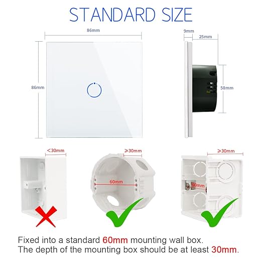 CNBINGO Touch Light Switch, White Single Light Switch, Tempered Glass Panel with LED Backlight, No Neutral Wire Required, 1-Gang 1-Way, AC 240V 500W