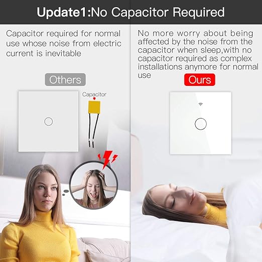 MOES Tuya ZigBee Smart Touch Switch No Neutral Wire No Capacitor Needed, also Works with L & N wire, Compatible with Smart Life Tuya App Alexa Google Home, Tuya ZigBee Hub Needed, 1 Gang, White