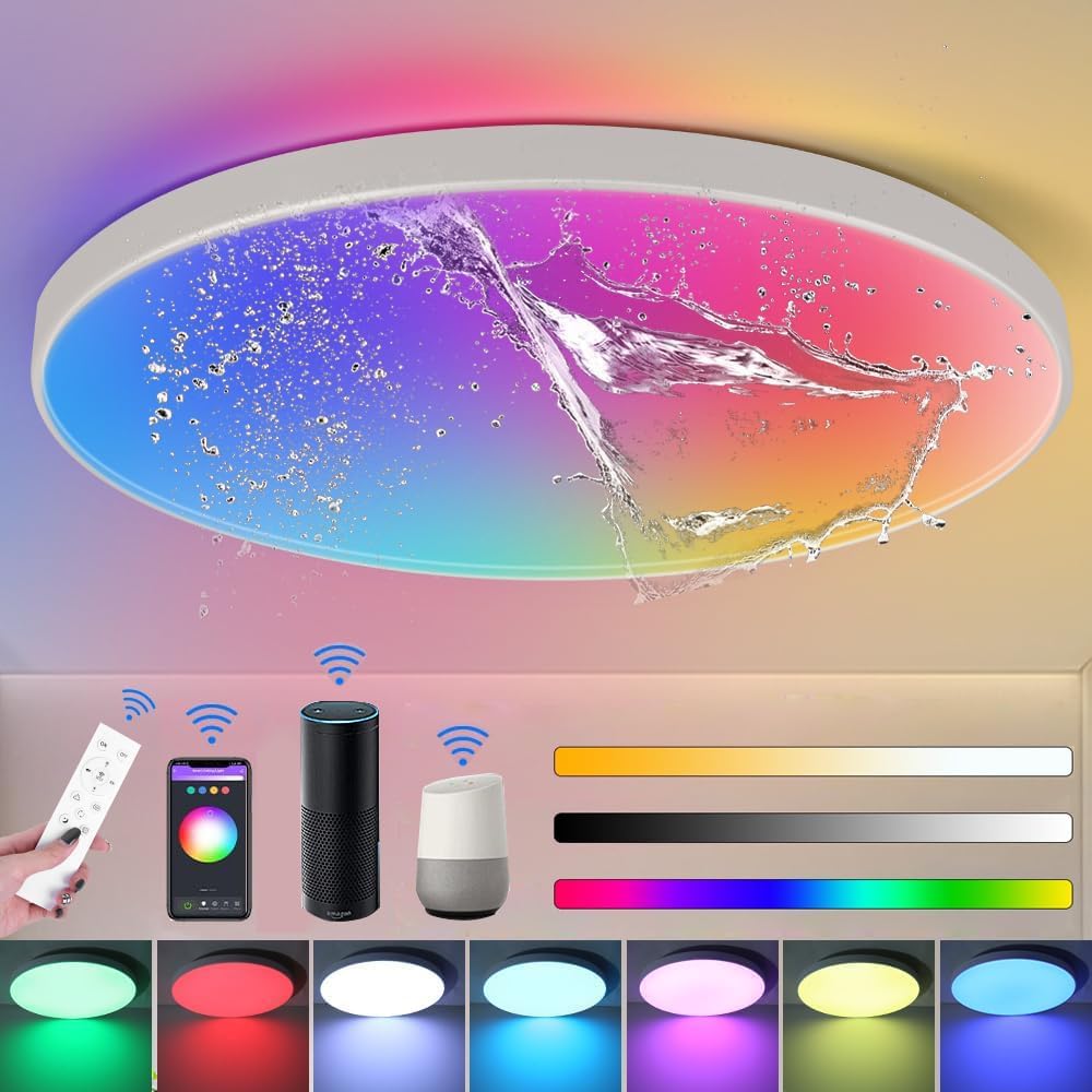 KEPHTH WiFi Smart Ceiling Light, Alexa RGB LED Ceiling Lights Fixture, Flush Mount 24W Dimmable and Color Changing,Compatible with Tuya App/Alexa/Google Home,for Bedroom/Living/Kids Room