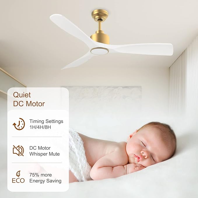 OFANTOP 52 Inch High Speed Bldc Modern Ceiling Fan with Dimmable LED Light and Remote Control, 3 Blade Large Outdoor White Gold Silent Ceiling Fan Reversible for Bedroom Living Dining Room Patio