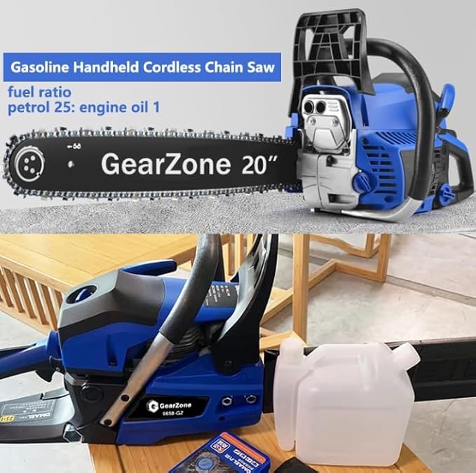 GearZone 20Inch-58CC-2.68KW Handheld High Powered Gasoline/Petrol Chainsaw, Including 2 Saw Chains and Other Accessories For Cutting Trees, Wood, & Logs-Blue Color