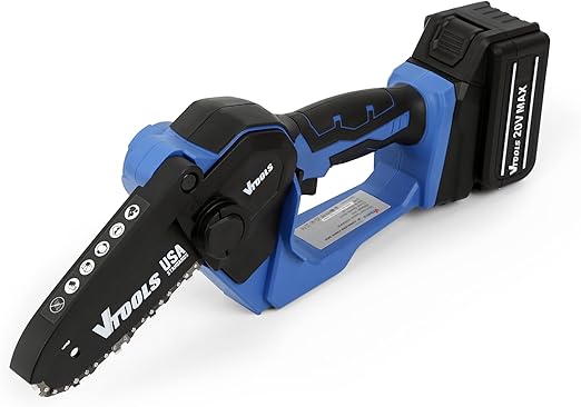 VTOOLS 6 Inch Cordless Log Chain Saw, Brushless Motor, with 20V 4.0 Ah Rechargeable Battery and 3000 RPM Speed, Ideal for Garden Trees, Pruning Trees and Wood Cutting, blue, VT1222
