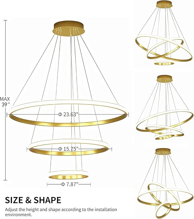HUA QIANG WANG Modern LED Gold Chandelier 3 Ring LED Pendant Light Fixture Dimmable with Remote Control Adjustable Height Ceiling Chandelier for Living Room Dining Room Bedroom Foyer Stairway