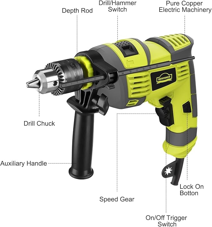 DEWINNER Impact Drill 710w, 1/2-inch Variable Speed Corded Hand Drills Electric Impact Driver Kit, 13mm Metal Chuck, 0-3300RPM, 102 Power Tools Accessories, for Concrete & Wood Steels Drilling Cuts