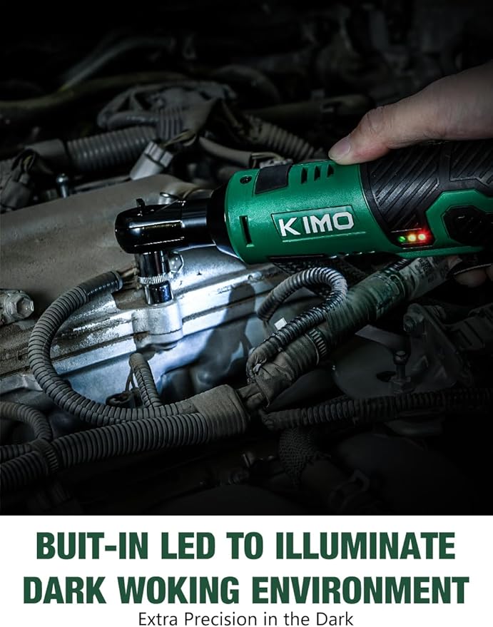 K I M O. Cordless Electric Ratchet Wrench Set, 40 Ft-lbs, 400 RPM, 3/8" 12V Cordless Ratchet Kit w/ 60-Min Fast Charge, Variable Speed Trigger, 2-Pack Lithium-Ion Batteries, 8 Sockets