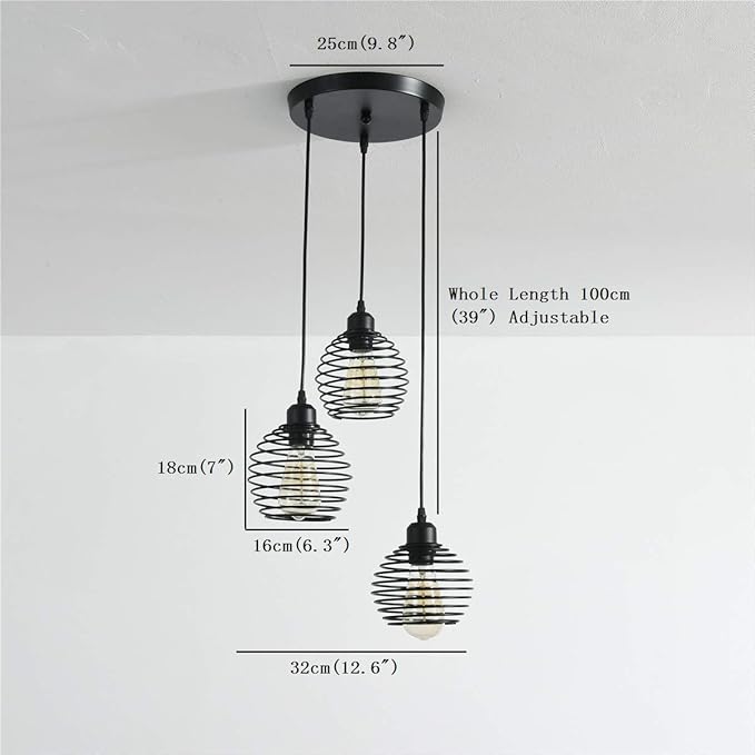 Ganeed Pendant Lighting with Spring Cage Vintage Adjustable Hanging Lighting Fixture 3-Lights Black Pendant Light for Kitchen Island Dining Room Foyer Farmhouse Bar