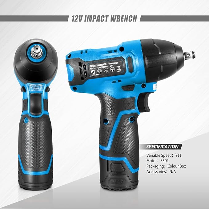 DNA MOTORING TOOLS-00159 Cordless Impact Wrench, 3/8” Chuck Max Torque 120Nm 12V Electric Power Impact Wrench with LED Work Light,Blue (Tool Only)