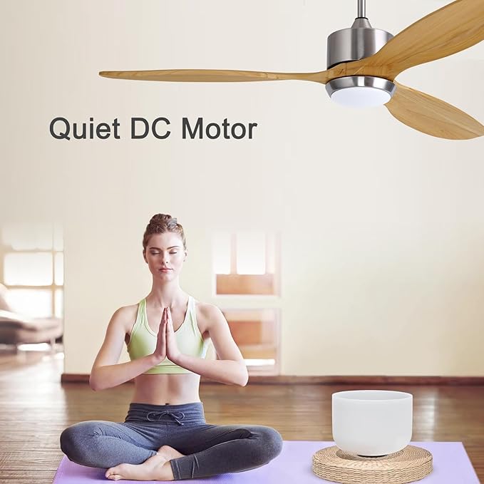 Ovlaim 60 Inch Indoor Outdoor Solid Wood Ceiling Fan with Light and Remote, 6 Speed Quiet DC Motor 3 Blade Propeller Smart Ceiling Fans