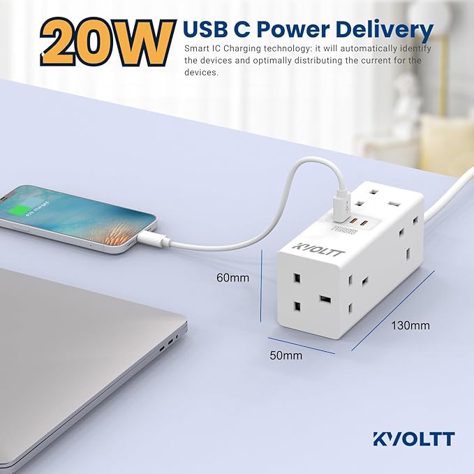 KVOLTT Extension Cord with USB Slots - 5 way Cube Extension Cable with USB ports 20W PD, Power Extension Cord with 1.5m Cable, Space Saving Power Extension Plug and USB Extension Socket Strip (20W)