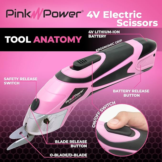 Pink Power Electric Fabric Scissors Box Cutter for Crafts, Sewing, Cardboard, Carpet, & Scrapbooking - Heavy Duty Professional Cutting Tool - Cordless Electric Scissors Fabric Cutter w/Storage Case
