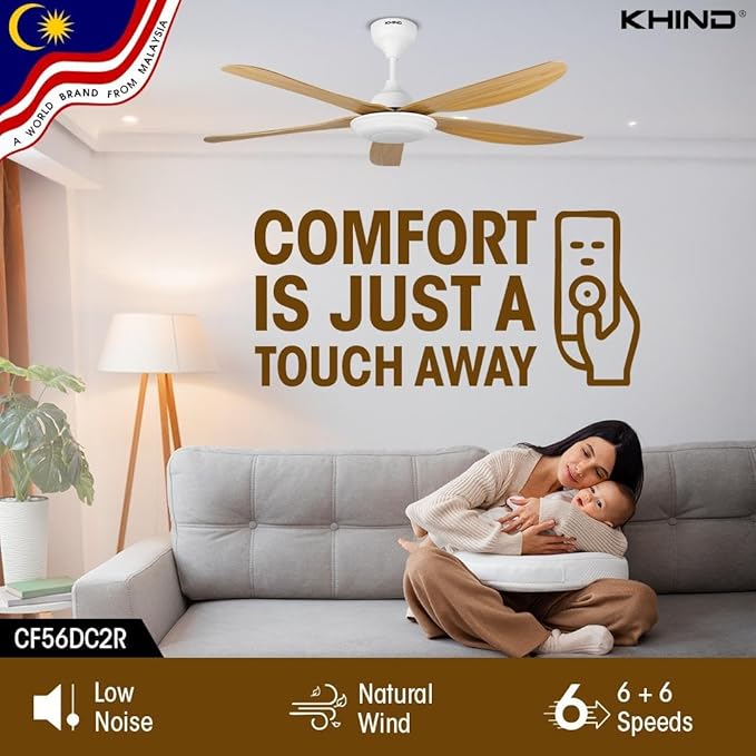 KHIND Zen Air Ceiling Fan 56 Inch Ceiling Fan with Remote Control, Quiet BLDC Motor, Modern 5 ABS Blades, 6 Forward & Reverse Speed Settings, High Airflow, 38W Power, Mocha-White (CF56DC2R)