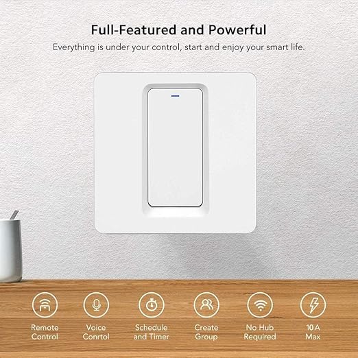 WiFi Smart Light Switch, No Neutral Wire Required, Smart Wall Switch with Remote Control, Voice Control and Timer, Compatible with Alexa and Google Assistant, Easy Installation (1 Gang, Single L Wire)