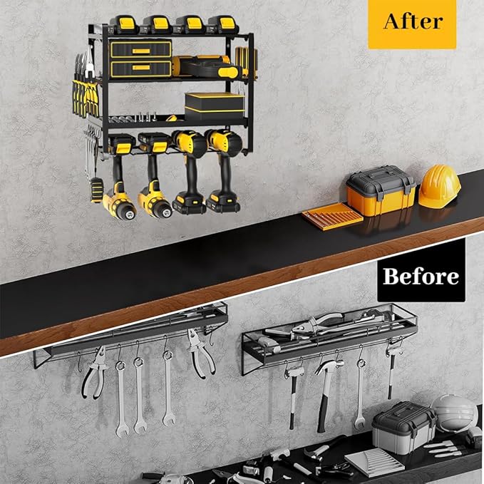 SYAMEET 4-Tier Power Tool Organizer with Side Hooks, Wall Mount Drill Holder - Perfect for 4 Drills, 42x20x35cm, Space-Saving Design for Garage and Workshop，Utility Storage Rack for Cordless Drill