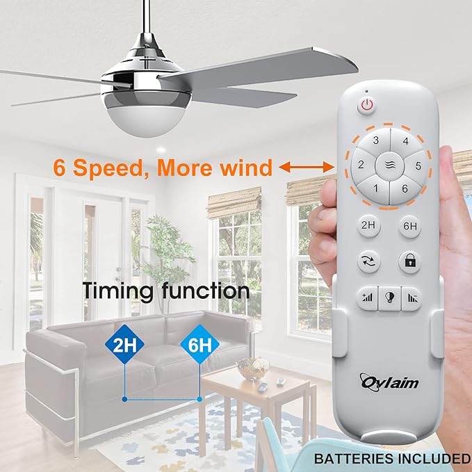 Ovlaim 48 inch DC Motor Ceiling Fan with Dimmable Light, Ceiling Fan with LED Light Kit Remote Control Low Profile Indoor 4 Blades - Silver