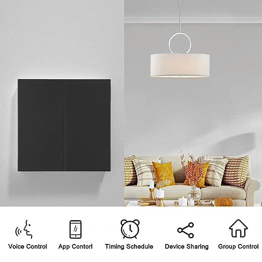 Makayuron WIFI Smart Light Switch, Push-button Light Switch, No Neutral Required, LED Backlight, Works with Alexa, Timer, Multi-Way Control by Smart Life/Tuya APP (Black 2 Gang)
