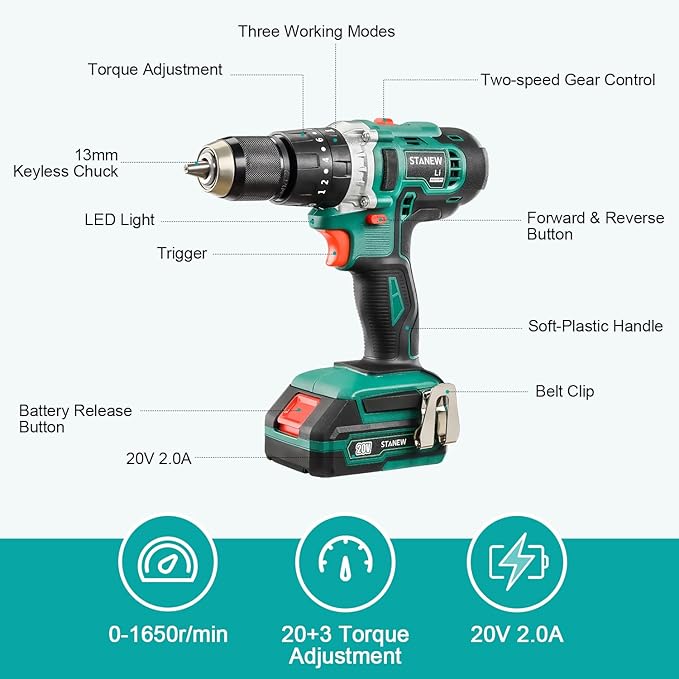 STANEW Cordless Hammer Drill, 3in1 Screw Drill Driver Set 20V Li-ion Battery, 69PCs Accessories, with Carrying Case 2 Batteries and Charger