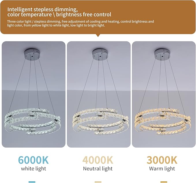 Oninio Modern Dimmable Crystal Chandeliers, 3 Rings LED Pendant Light Fixture Adjustable Ceiling Hanging Light for Living Dining Room Kitchen Bedroom Porch with Remote (Variable Light/Dia 19.7 in) 48W