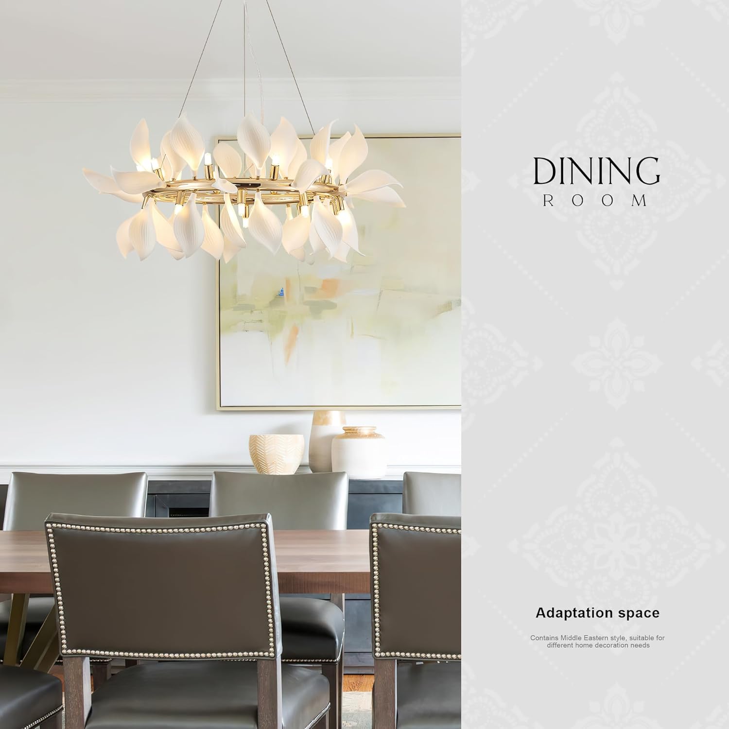 Ankaisidung Gold Round Chandelier for Dining Room, 20-Light Ceramic Petal Leaf Hanging Ceiling Pendant Light Fixture for Entryway Foyer Bedroom Living Room Hallway Dia 31.5" SR2402