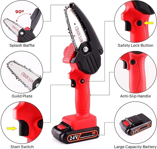 BURDEAN Upgraded Mini Chainsaw, 4 inch Cordless Electric Chainsaw with 24V Rechargeable Battery, One-Hand Operated Saw Electric Cutting Tool for Tree Branch Trimming Wood Cutting Gardening