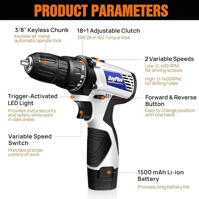 BRIEFNESS Cordless Power Drill, Handheld Screwdriver Drill Set with 2 Batteries & 23pcs Bits, 18+1 Torque Setting, 2-Speed Combi Drill, 3/8" Chuck Drill Driver Kit with Kitbox for Home DIY