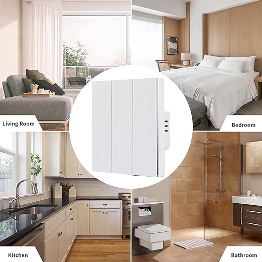 Jntmelako WiFi Smart Wall Light Switch,Push-button Light Switchs,No Neutral Wire Required,No Hub Required,Compatible with Alexa and Google Home,APP Remote Control,Voice Control (White, 3 Gang)
