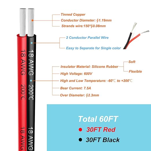 Haerkn 18 awg Silicone Electrical Wire 2 Conductor Parallel Wire line 60ft [Black 30ft Red 30ft] 18 Gauge Soft and Flexible Hook Up Oxygen Free Strands Tinned Copper Wire