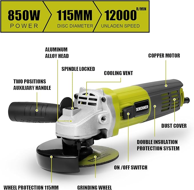 DEWINNER 850W Professional Angle Grinder, 12000 RPM Grinders Power Tools for Metal Wood，2-Position Adjustable Auxiliary Handle,115mm+ 6 Discs, SMALL