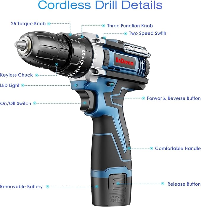 Kialloy Cordless Drills, Electric Drill 21V Max Power Drill Impact Driver, Combi Drill Kit with 2 * 2000mAh Li-Ion Battery, 45 Nm Electric Screwdriver, 25+3 Torque, 57 Pieces Accessory