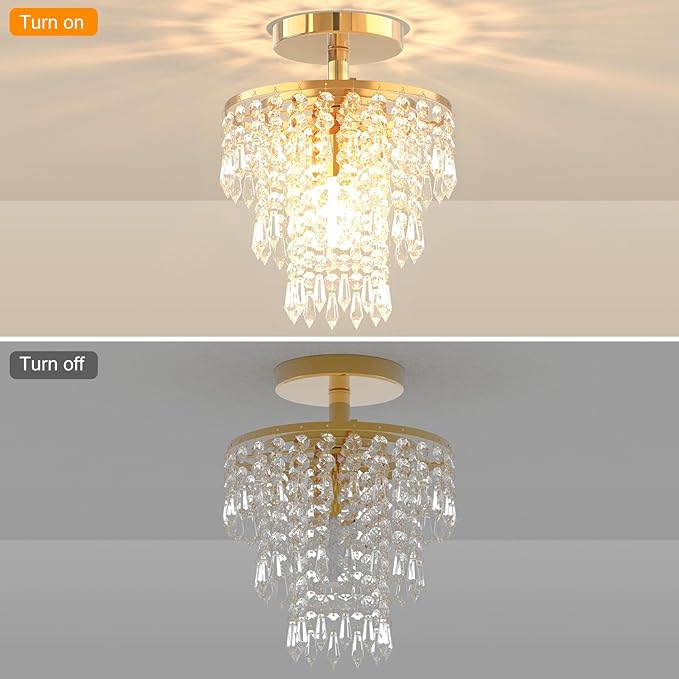 Modern Crystal Chandeliers,3 Tier Raindrop Crystal Ceiling Lamp,Hallway Lamps Ceiling Light For Bedroom Living Room Dining Room E14 Bulbs Included (Gold)