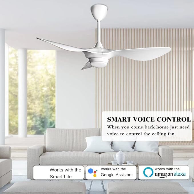 reiga 52 Inch Smart White Ceiling Fan with Light and Remote, Quiet DC Motor 3 Blade Indoor Outdoor Ceiling Fans for Bedroom Living Room Patios