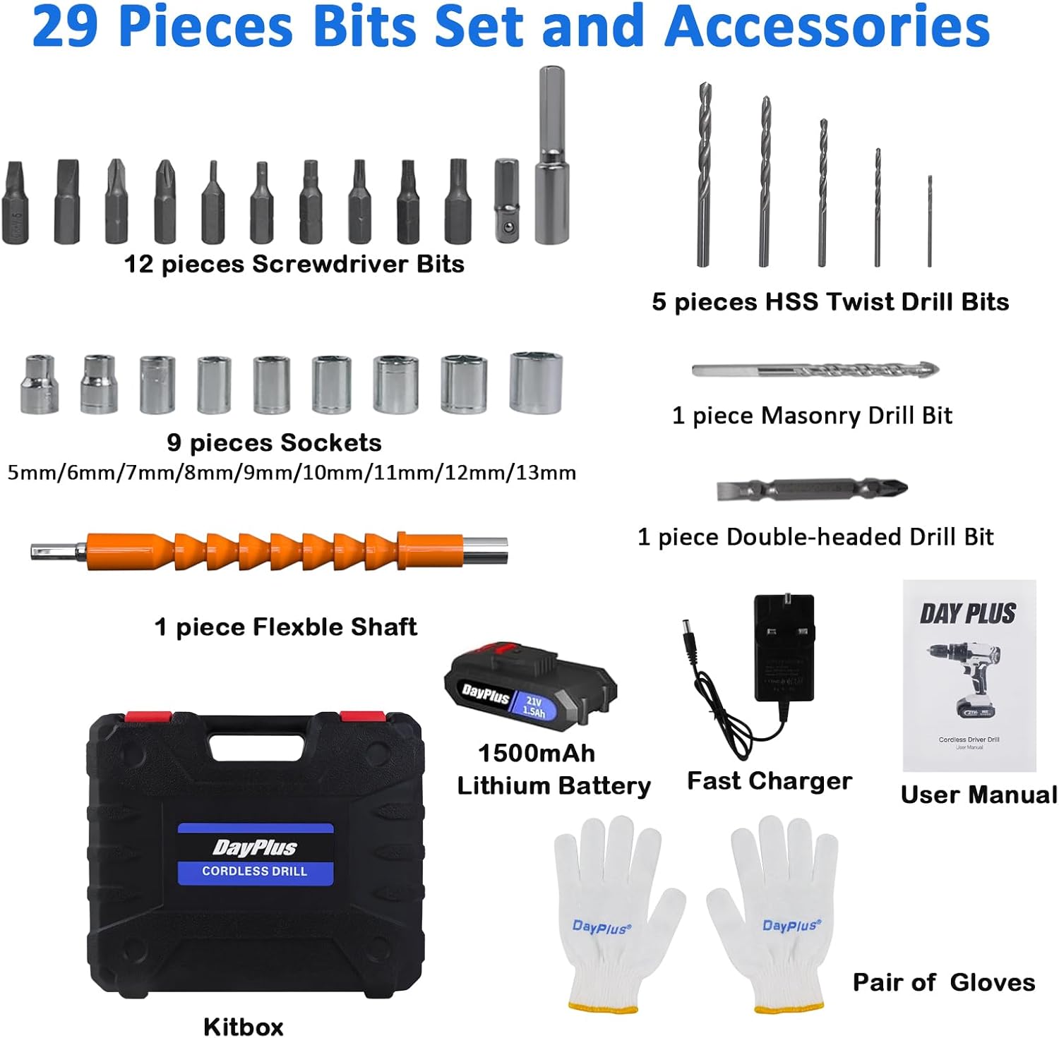 BRIEFNESS 21V Cordless Drill Driver, Electric Screwdriver Set With 29pcs Bits, Rechargeable Power Drill Kit with 1500mAh Battery and Charger, Torque 45NM, Led Work Light, Electric Drill Set 2 Speed