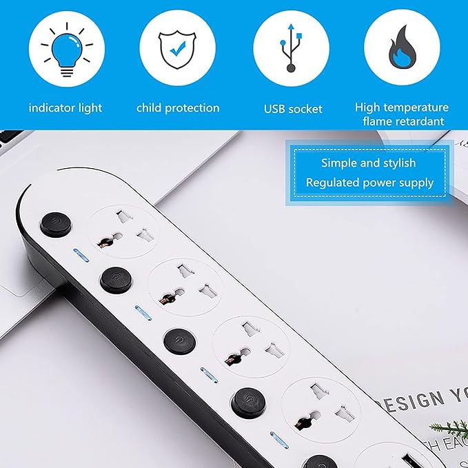 ELONSEY 5 Meter Universal Power Extension Cord with 4 Outlets and 3 USB Ports, Power Strip with Surge Protection, Heavy Duty Universal Extension Lead - White