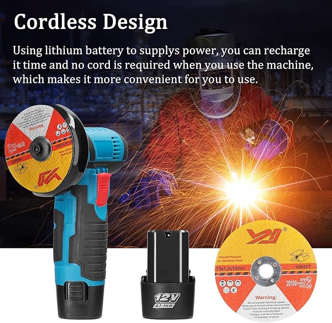 Moniss 12V Angle Grinder Handheld Portable Electric Grinder Machine Ceramic Tile Wood Multi-function Polishing Grinding Cutting Machine Home Woodwork DIY Rechargeable Angle Grinder with 2 Cutting Dis