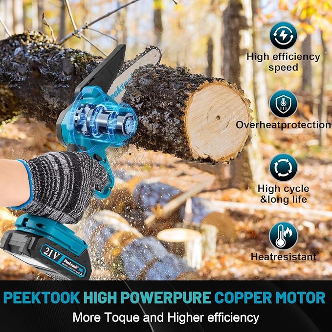 Peektook Mini Chainsaw Cordless 6Inch, Chain Saw Electric Chainsaw Battery Chainsaw with 2 2.0Amh Battery & 2 Chains, Small Chainsaw Electric Saw with Strong Motor for Tree Trimming, branches cutting