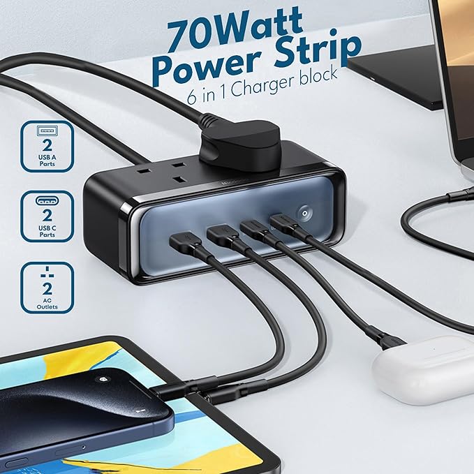 70W Power Strip Extension Cord USB C - 6-in-1 Pro Fast Charger Station Multiport Extension Cable with UK Plug Electric Extension Lead - 2×AC Outlets - 2×USB C - 2×USB A - 1.5M Wire for Home and Office