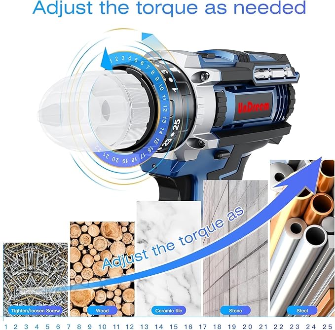 Kialloy Cordless Drills, Electric Drill 21V Max Power Drill Impact Driver, Combi Drill Kit with 2 * 2000mAh Li-Ion Battery, 45 Nm Electric Screwdriver, 25+3 Torque, 57 Pieces Accessory (light blue)