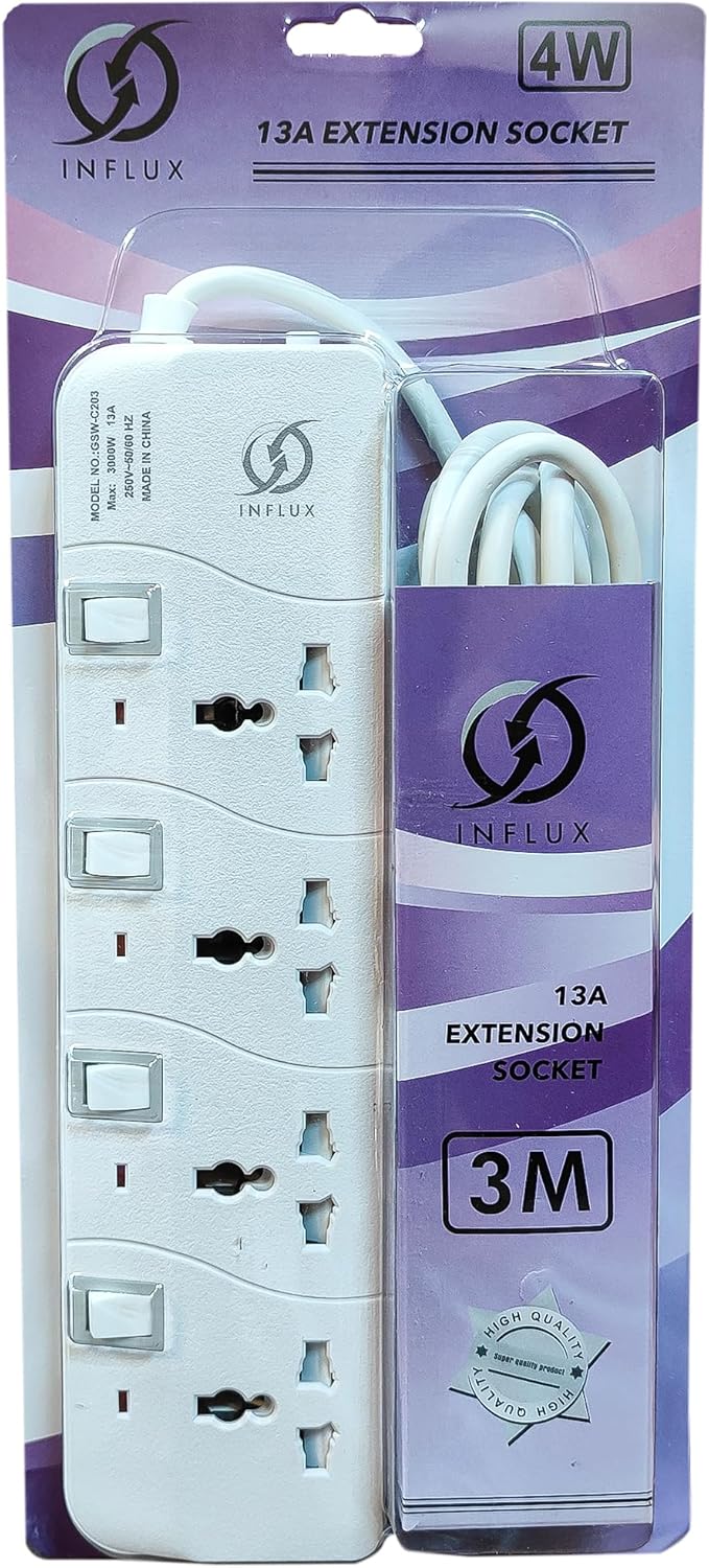 INFLUX Extension Cord, 4-Outlet 3-Meter Multi-Plug Power Extension Cable with Individual Safety Buttons - Durable 13A Extension Plug for Safe and Efficient Power Distribution at Home, Office, and More