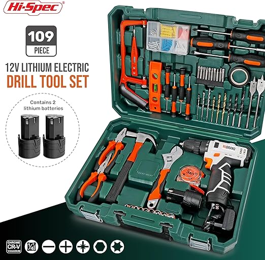 Hi-Spec Complete Hand Tool Kit Set. Cordless Screwdriver & Drill Kit with Practical Tool Box - Essential for Home Repairs and DIY