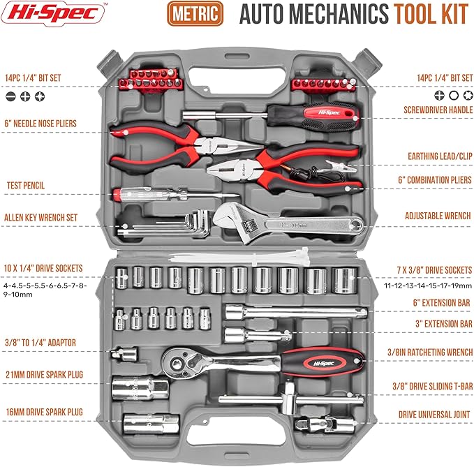 Hi-Spec 67-Pc Auto Mechanics Tool Set - A Car Tools Repair Essential, Packed with Auto Mechanics Tools for Daily Maintenance