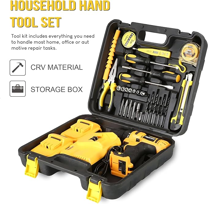 Trivex Professional Tool Set with Tool Box, Portably Handyman Tool Kit for Home Essentials, Electric Drill Power Tools, Drill Machine with 2 Extra Battries (Yellow/Black)