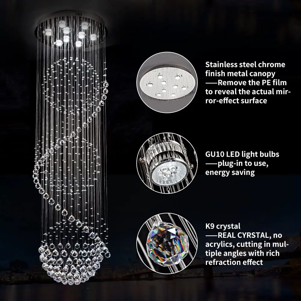 Modern Luxury High Ceiling Decorative LED Crystal K9 Rain Drop Chandeliers Stair Pendant Lights